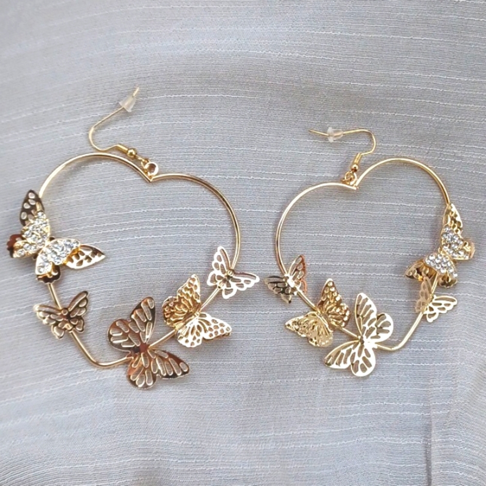 Giving Me Butterflies Heart Hoops Rhinestones Earrings Fairy Oversized